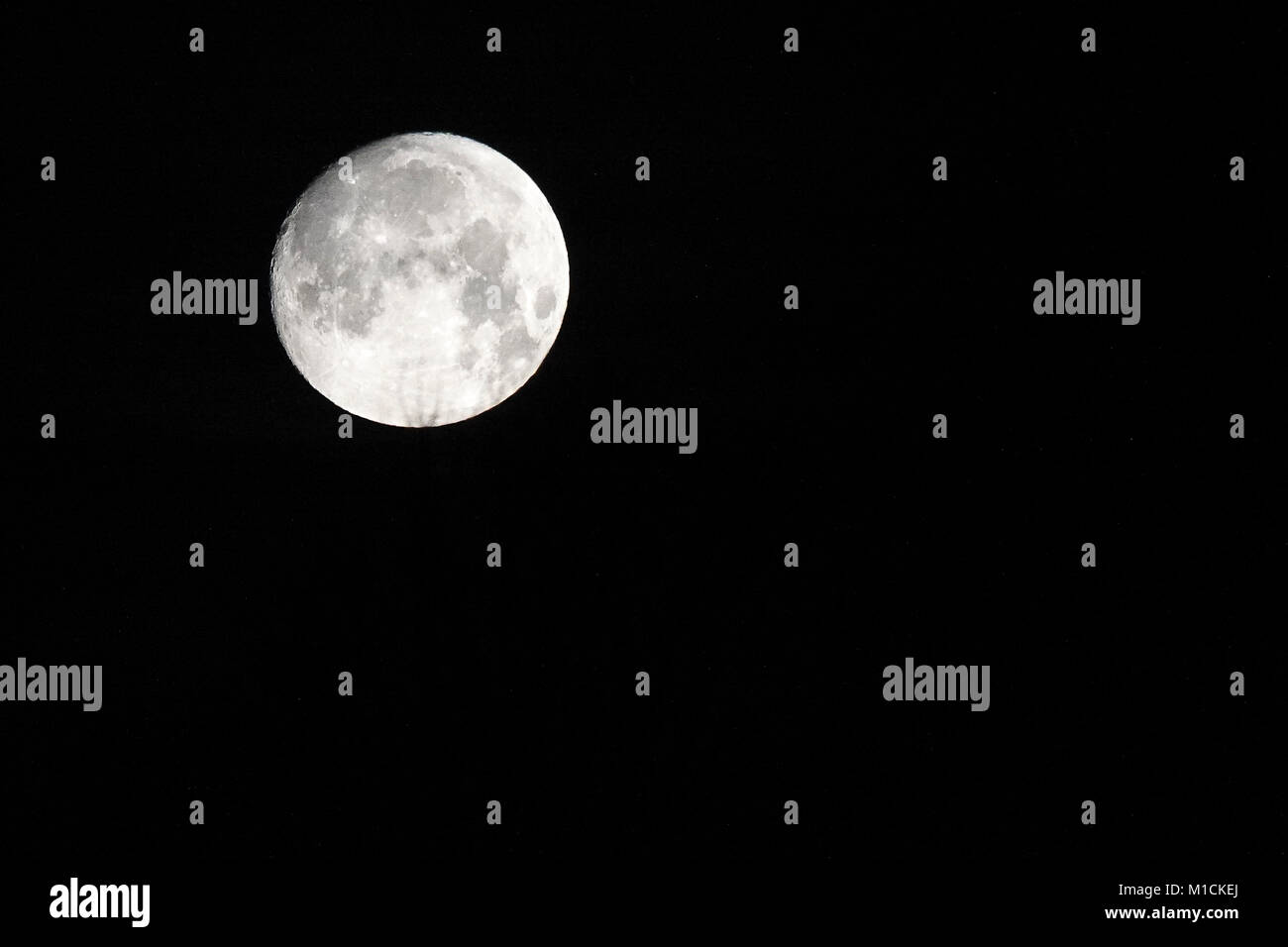 Sycamore Avenue, Godalming. 30. Januar 2018. Clearing Himmel über dem Hause Grafschaften über Nacht. Die supermoon aus Godalming, Surrey gesehen. Credit: James Jagger/Alamy leben Nachrichten Stockfoto