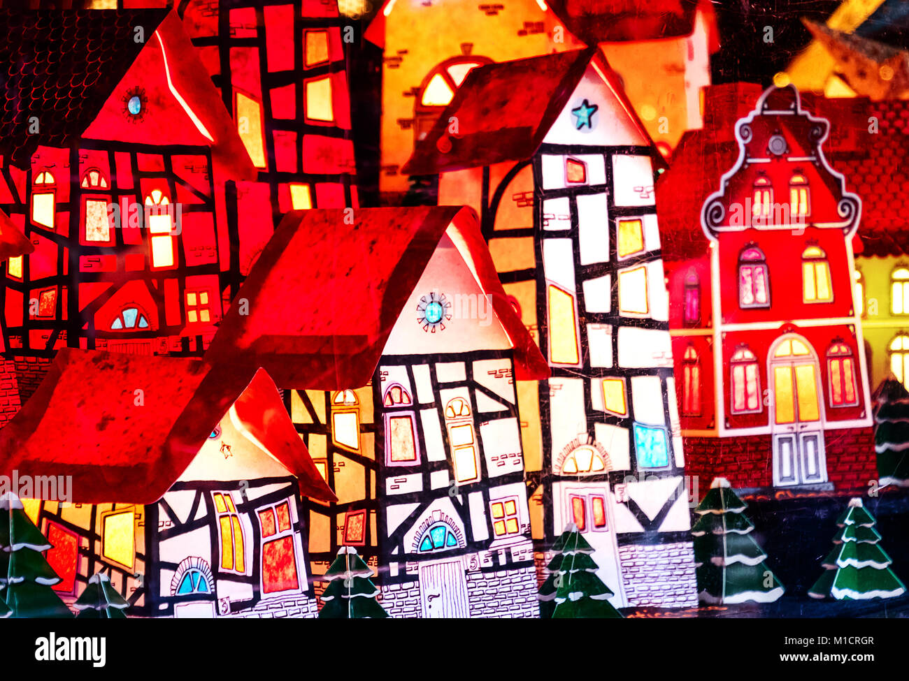 Münster, Deutschland - Dezember 15, 2017: Weihnachtsdekoration beleuchtete Miniatur Fachwerk bayerischen Dorf Stockfoto