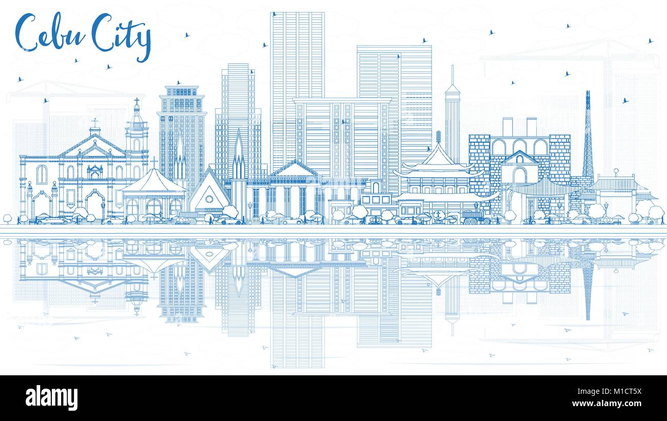 Gliederung der Stadt Cebu Philippinen Skyline mit blauen Gebäude und Reflexionen. Vector Illustration. Business Travel und Tourismus Abbildung Stock Vektor