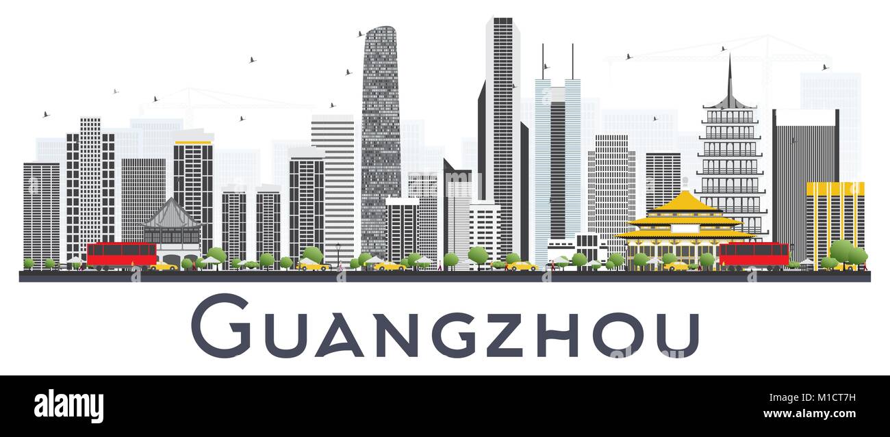 Guangzhou China City Skyline mit grauen Gebäude isoliert auf weißem Hintergrund. Vector Illustration. Business Travel und Tourismus Konzept Stock Vektor