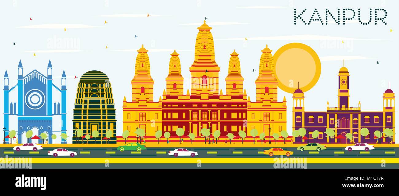 Kanpur Indien Skyline der Stadt mit Gebäuden und blauer Himmel. Vector Illustration. Business Travel und Tourismus Konzept mit historischer Architektur. Stock Vektor
