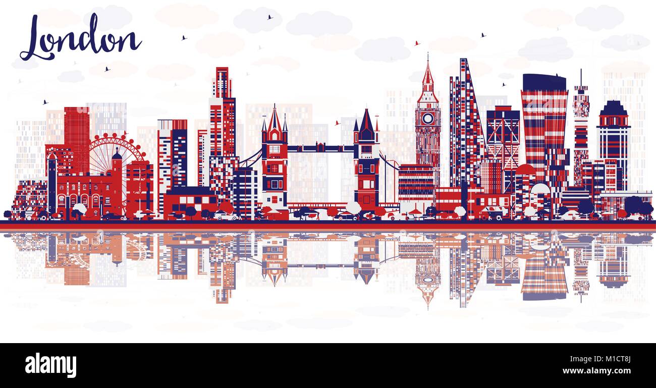 Abstrakte London England Skyline der Stadt mit Gebäuden und Reflexionen. Vector Illustration. Londoner Stadtbild mit Sehenswürdigkeiten. Stock Vektor