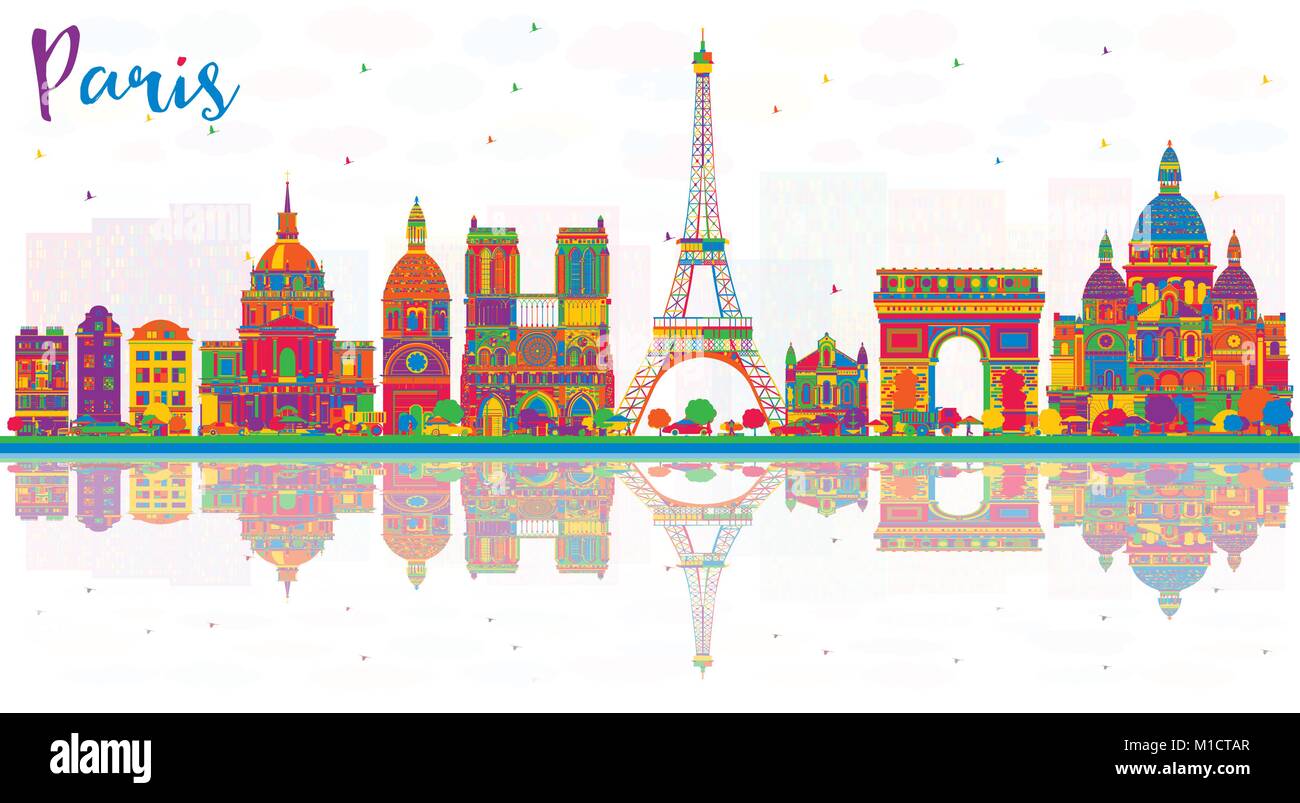 Paris Frankreich Skyline der Stadt mit Gebäuden und Reflexionen. Vector Illustration. Business Travel und Tourismus Konzept mit historischer Architektur. Stock Vektor