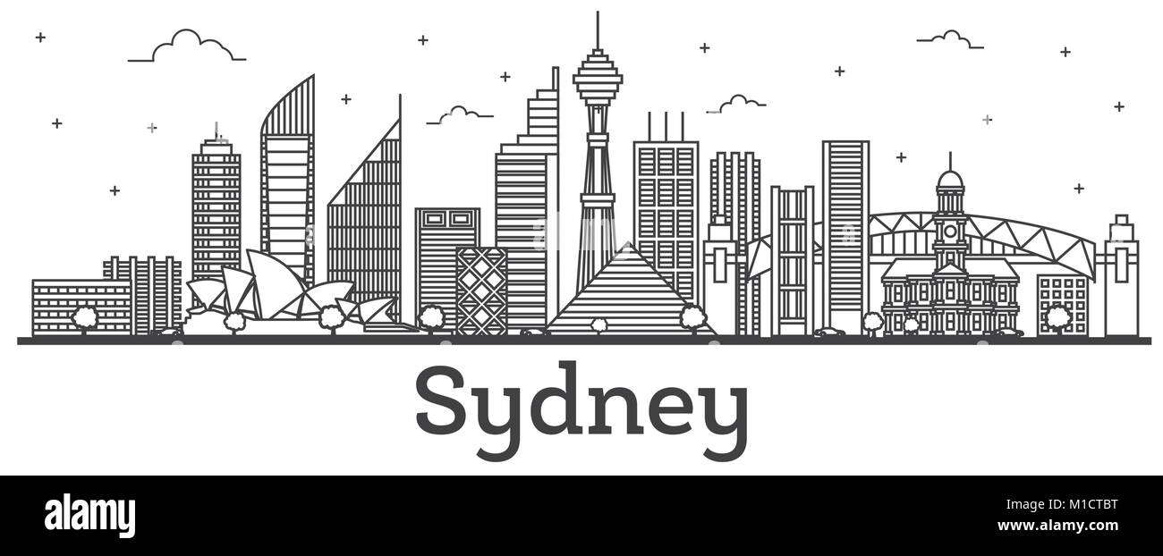 Outline Sydney Australien Skyline der Stadt mit modernen Gebäuden isoliert auf Weiss. Vector Illustration. Sydney Stadtbild mit Sehenswürdigkeiten. Stock Vektor