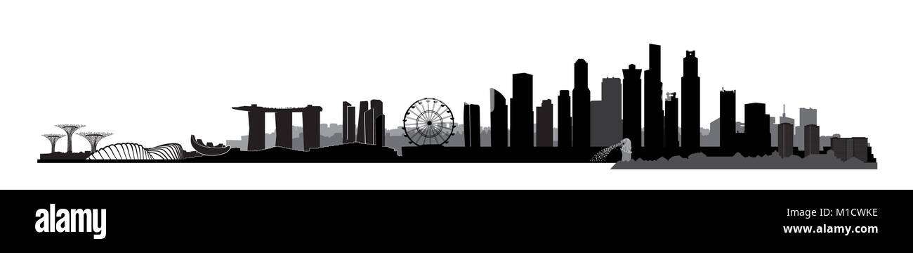 Singapore City, Singapur. Städtischen Skyline mit Sehenswürdigkeiten und Wolkenkratzer Gebäude Silhouette. Reisen Asien Symbol. Malaysia Hintergrund Stock Vektor