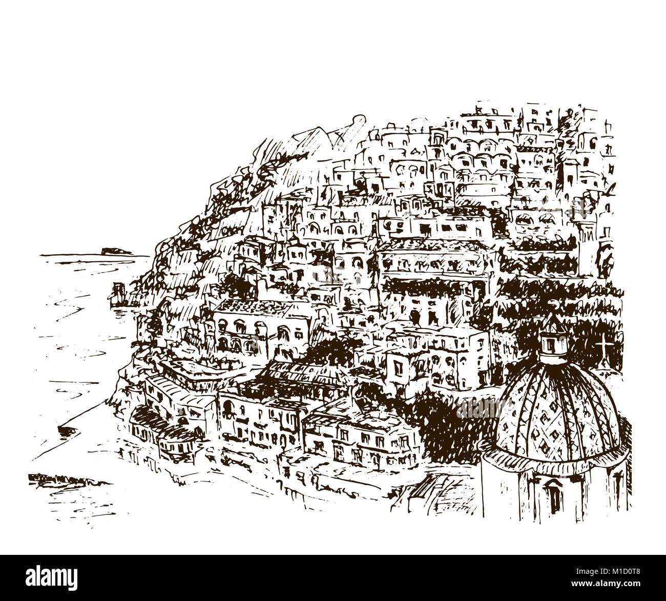 Positano, Amalfi, Kampanien, Sorrent, Italien. Wunderschöne handgezeichnete Skizze Vector Illustration Stock Vektor