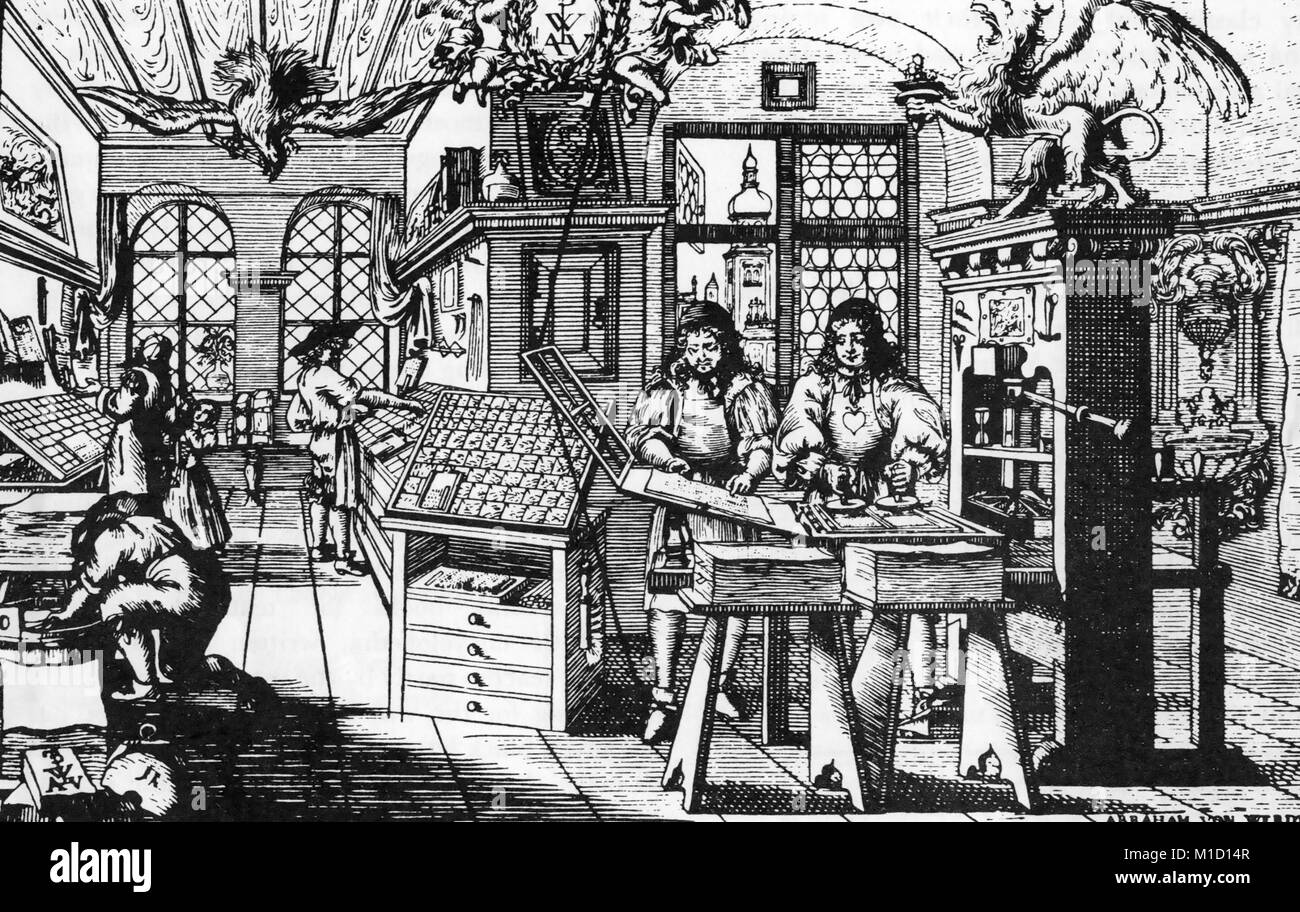 Holzschnitten einen niederländischen Druckerei in der Mitte des 17. Jahrhunderts eingraviert durch Abraham von Werdt (1594-1671) Stockfoto