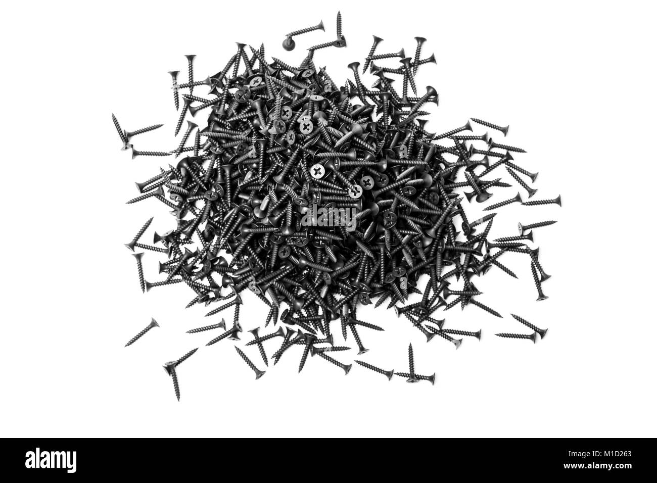 Gruppe von schwarzen Schrauben für die Befestigung von Gipskartonplatten auf Metallprofilen, Buchstabe A graviert Stockfoto