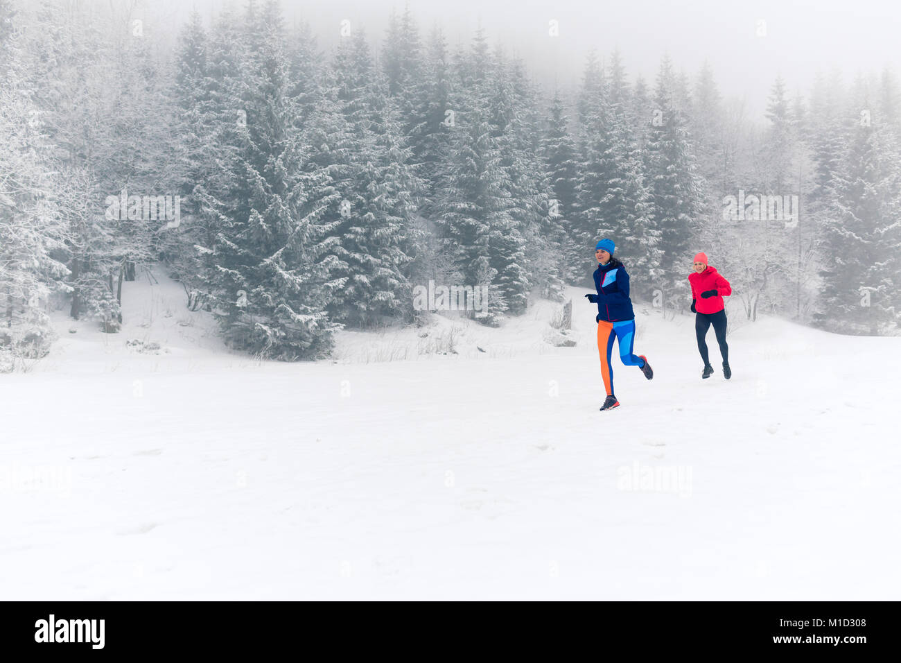 Mädchen zusammen Laufen auf Schnee im Winter Berge. Sport, Fitness Inspiration und Motivation. Zwei Frauen Partner Trail Running in Berge, Winter d Stockfoto