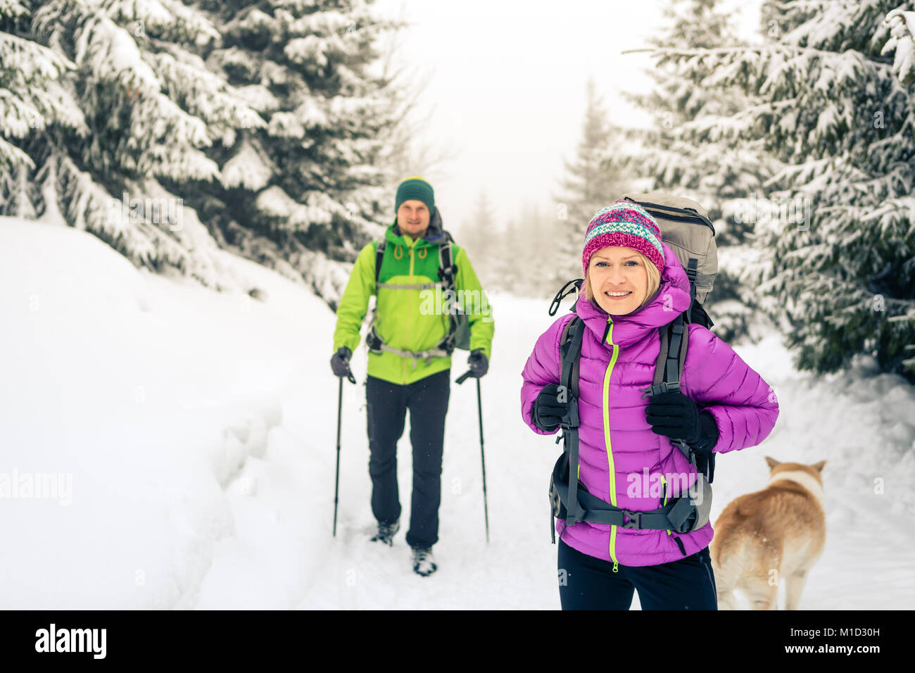 Happy Teamarbeit paar Wanderer wandern in weiß winter Wälder und Berge. Junge Menschen zu Fuß auf verschneiten Trail mit Rucksäcken, gesunden Lebensstil adven Stockfoto