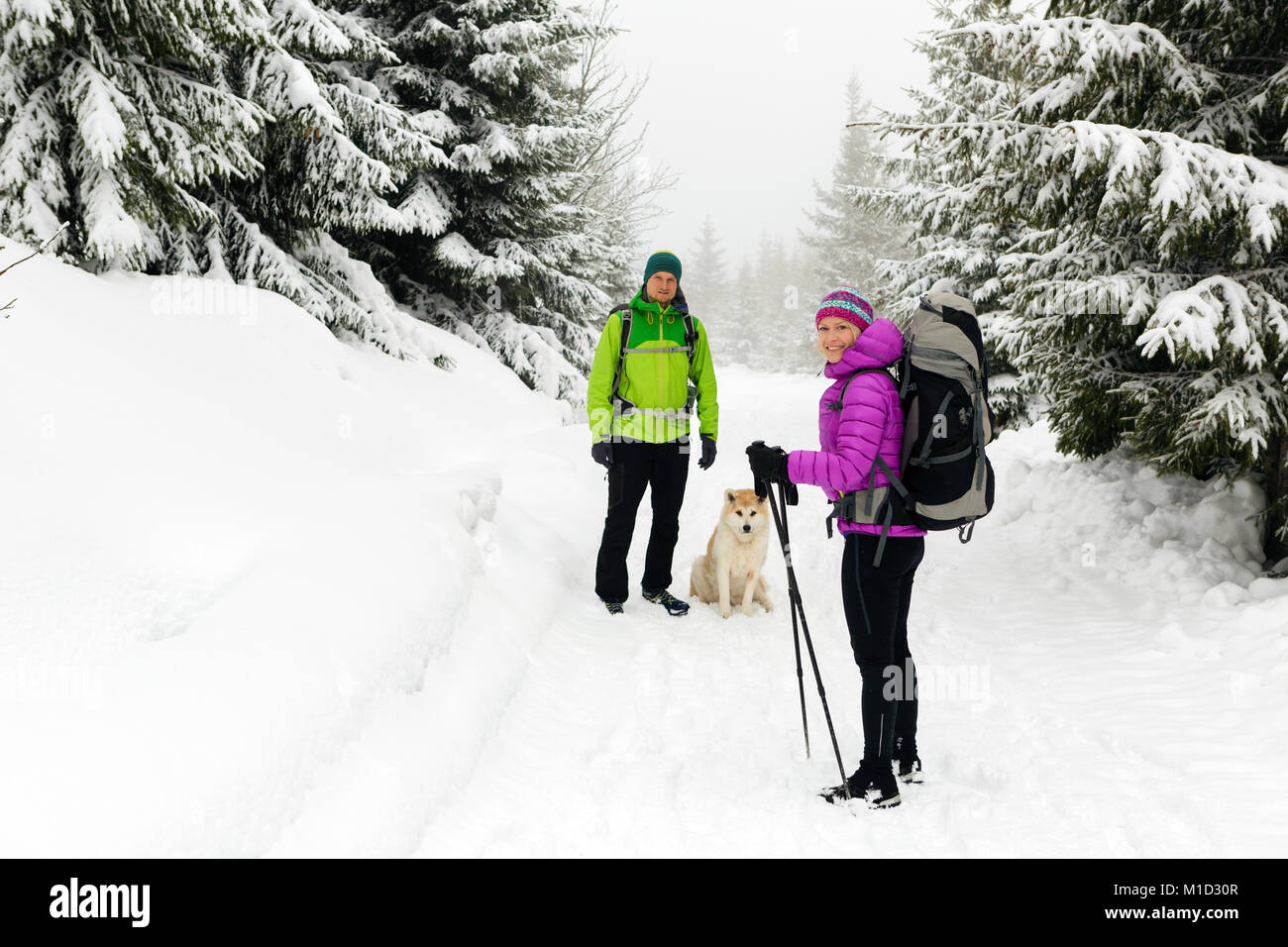 Mann und Frau glücklich Teamarbeit paar Wanderer wandern in weiß winter Wälder und Berge. Junge Menschen zu Fuß auf verschneiten Trail mit Rucksäcken, gesund l Stockfoto