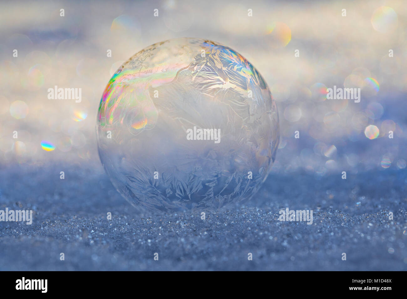 Frozen Bubble auf Schnee mit Eis die Bildung von Kristallen auf die Blase und brechende Licht erzeugen Prisma Muster Stockfoto