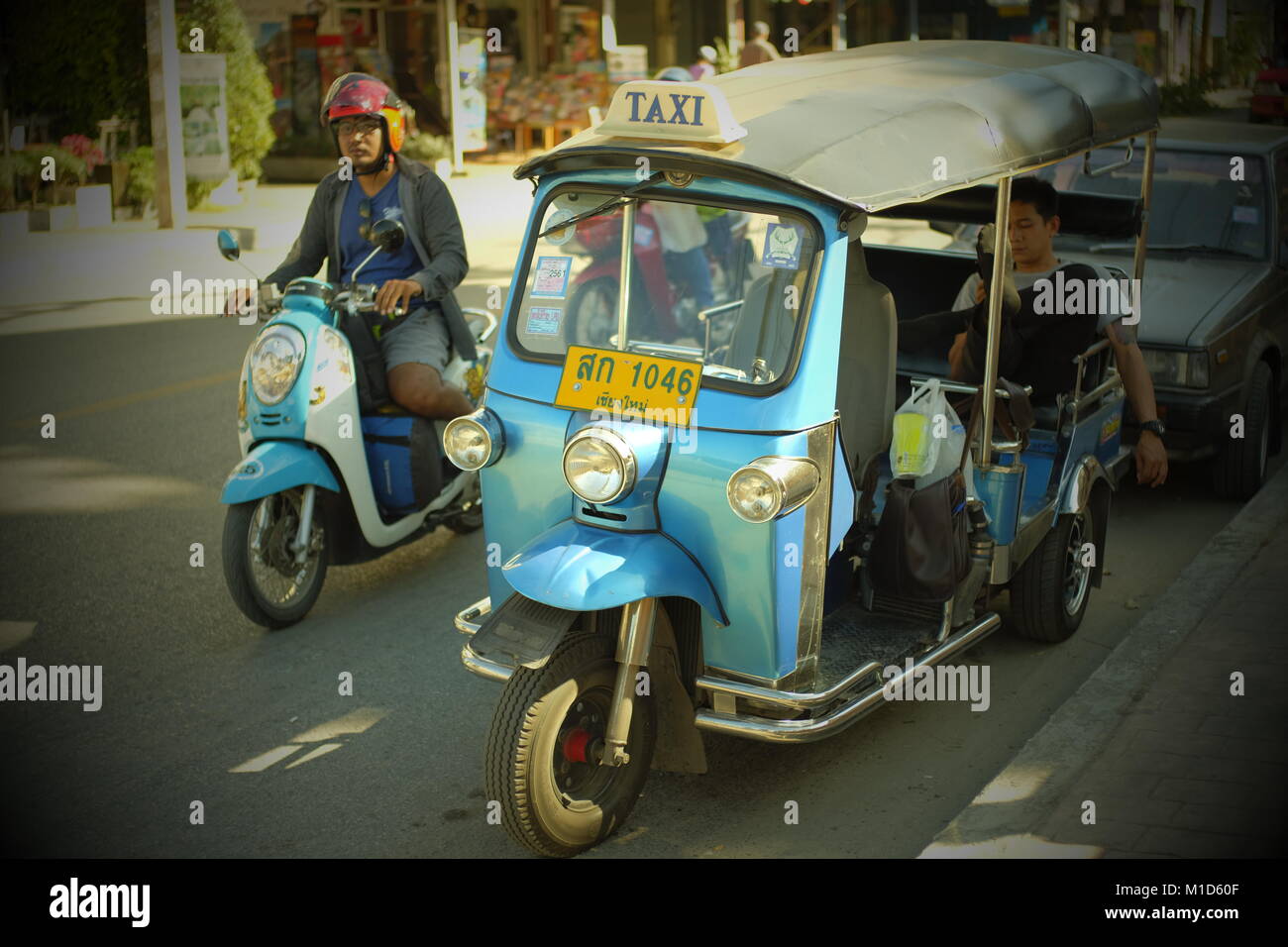 Eine blaue Tuk-tuk Taxi in Chiang Mai, Thailand. 24-Jan-2018 Stockfoto