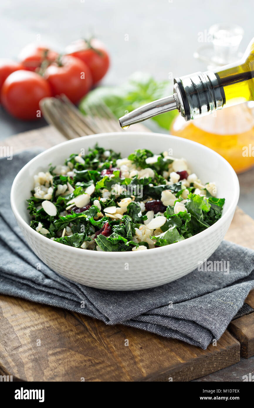 Warme kale Salat mit braunem Reis und Cranberry Stockfoto