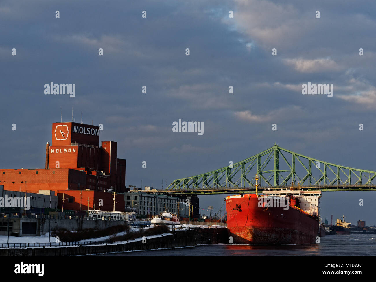 Ein Containerschiff in den Hafen von Montreal mit dem Jacques Cartier Brücke und Molson Gebäude hinter Stockfoto