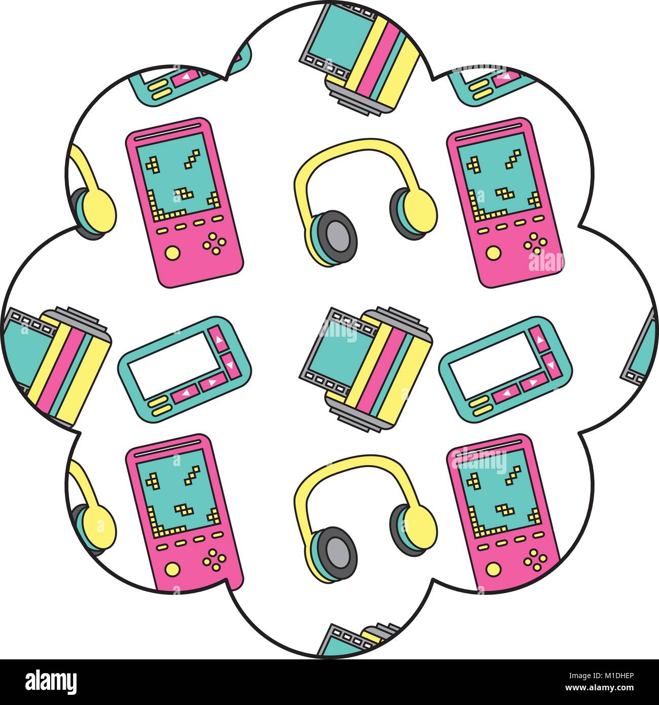 Blumenmuster Form Label mit video Spiel und Kopfhörer Vector Illustration Stock Vektor
