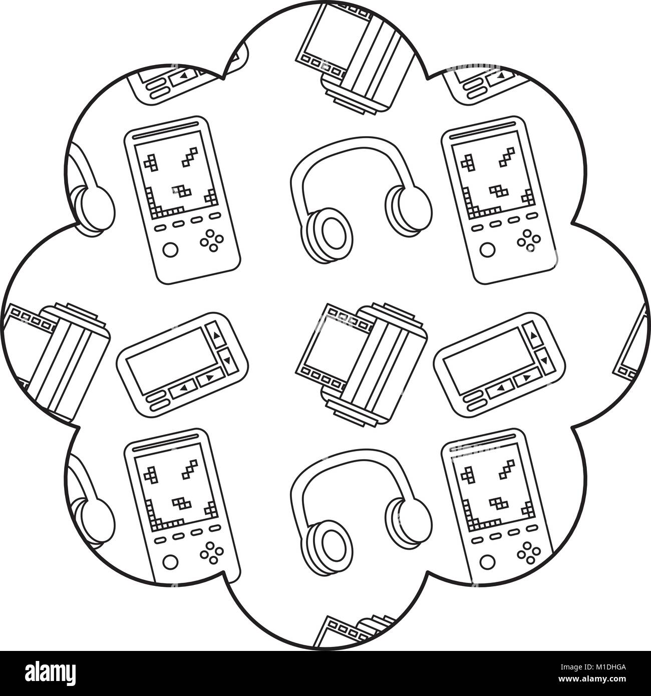 Blumenmuster Form Label mit video Spiel und Kopfhörer Vektor-illustration Grobentwurf Stock Vektor