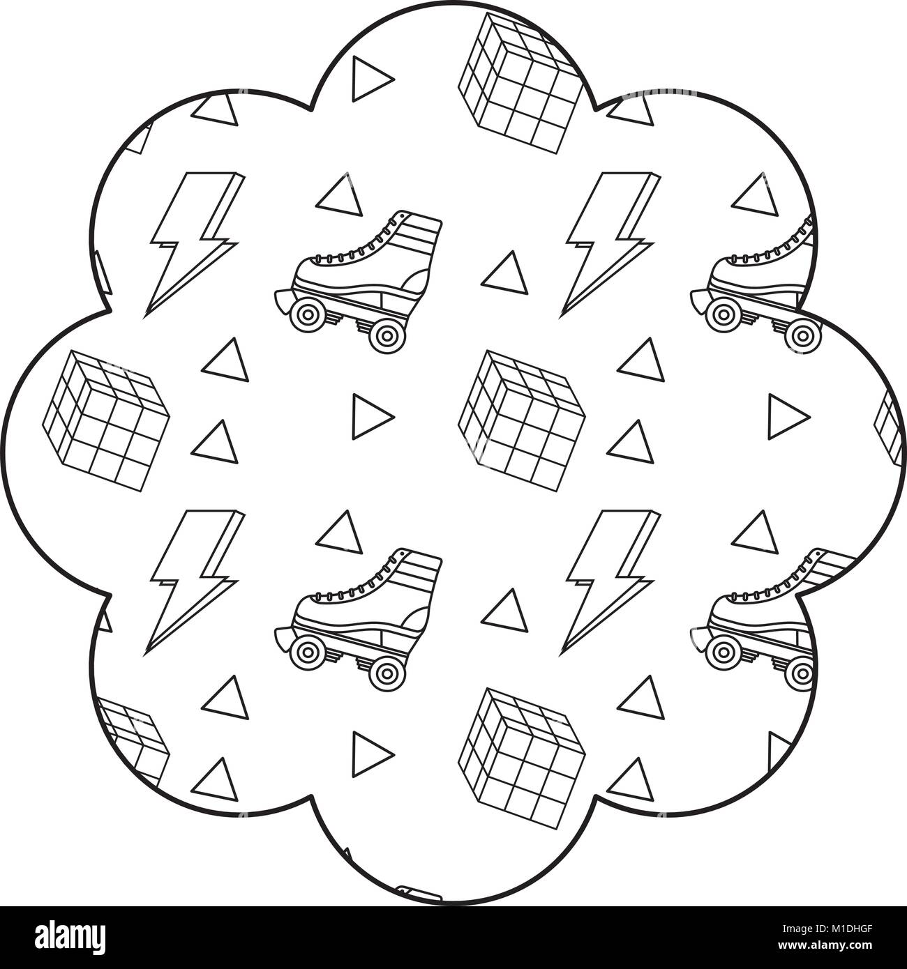 Blumenmuster Form Label mit Roller Skate und Rubik's Cube Vektor-illustration Grobentwurf Stock Vektor