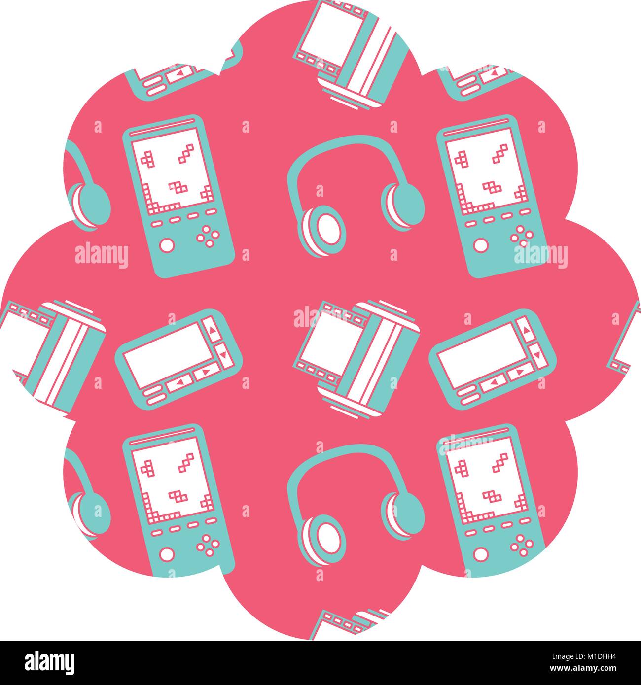 Blumenmuster Form Label mit video Spiel und Kopfhörer Vektor-illustration rosa Hintergrund Stock Vektor