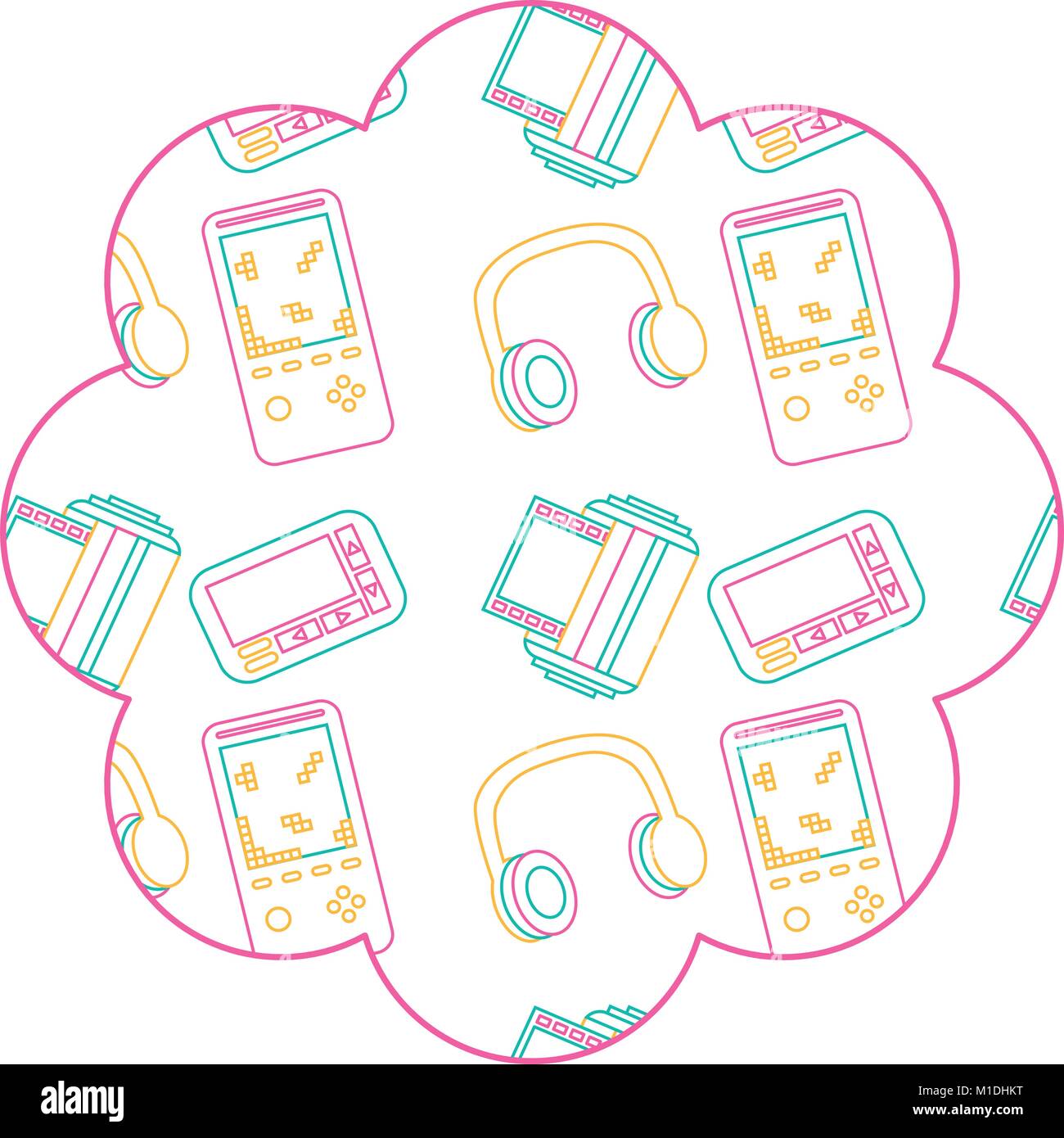 Blumenmuster Form Label mit video Spiel und Kopfhörer Vector Illustration Color Line Design Stock Vektor