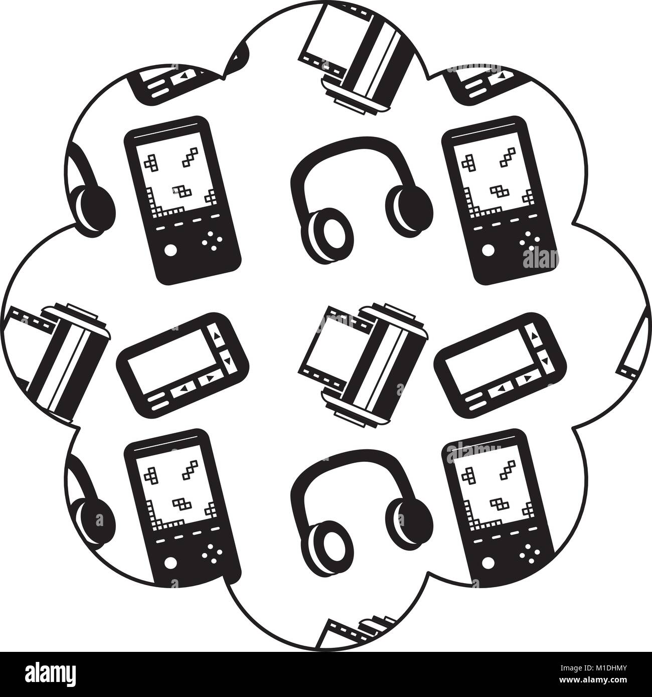 Blumenmuster Form Label mit video Spiel und Kopfhörer Vektor-illustration schwarzes Bild Design Stock Vektor