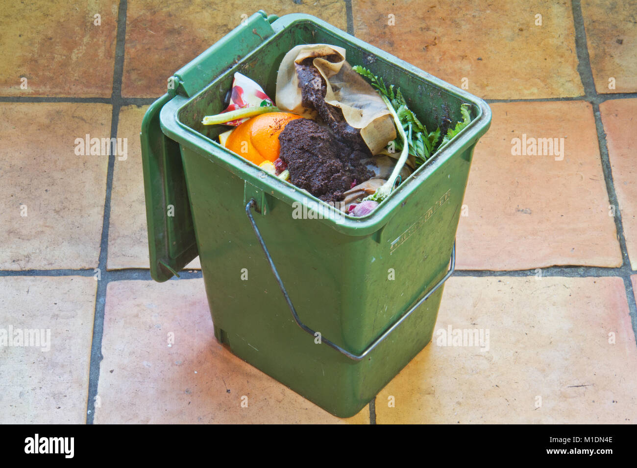 Eine grüne Kompost Ladeschaufel, mit organischen Abfällen Produkte wie Gemüse, Blumen, Kaffee und Teebeutel gefüllt Stockfoto