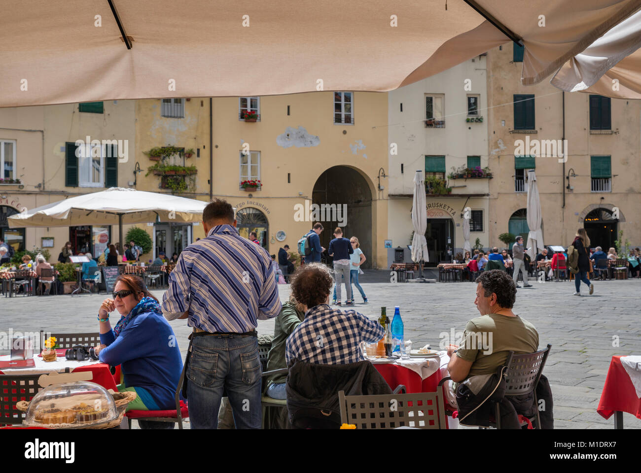 Café an der Piazza Anfiteatro im historischen Zentrum von Lucca, Toskana, Italien Stockfoto