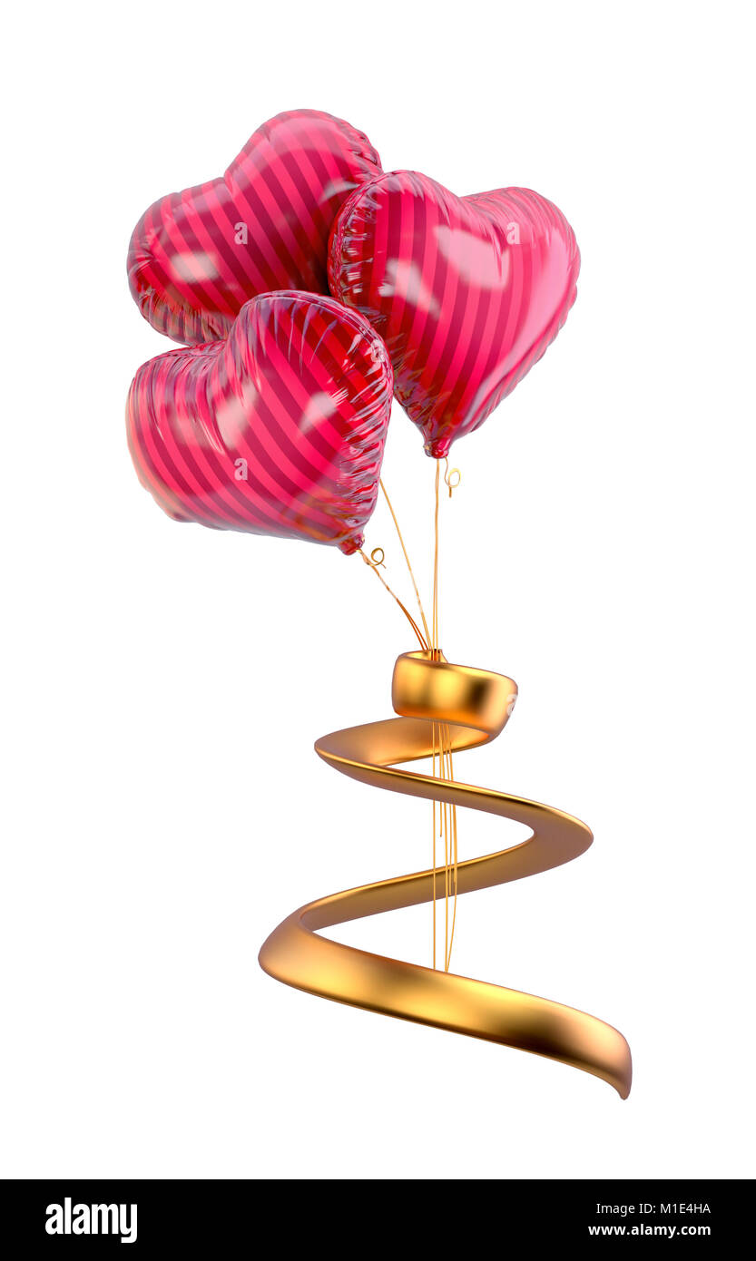 Herz Luftballons isoliert. Rote Luftballons mit goldenen Streifen auf weißem Hintergrund. Valentinstag. 3D-gerenderte Stockfoto