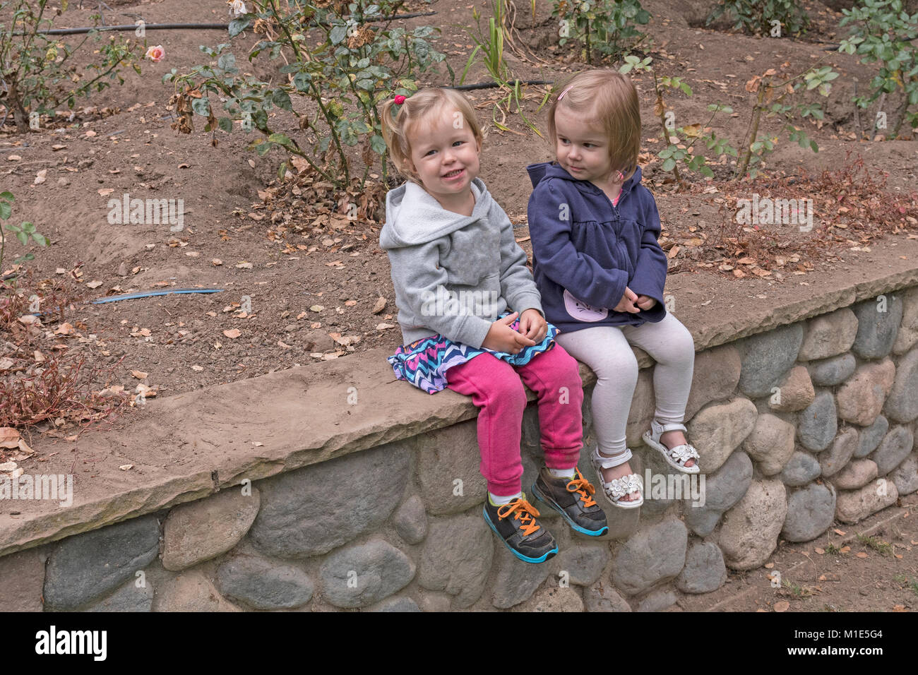 Kleine Mädchen Sitzen im Garten in Kalifornien Stockfoto