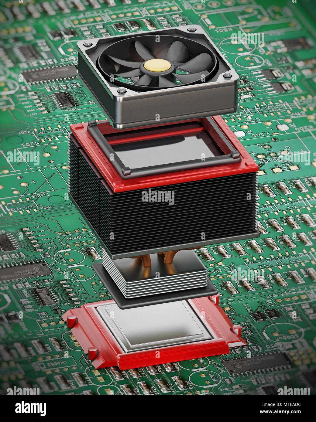 Darstellung der Einzelteile detail von Lüfter und Kühlkörper auf CPU. 3D-Darstellung. Stockfoto