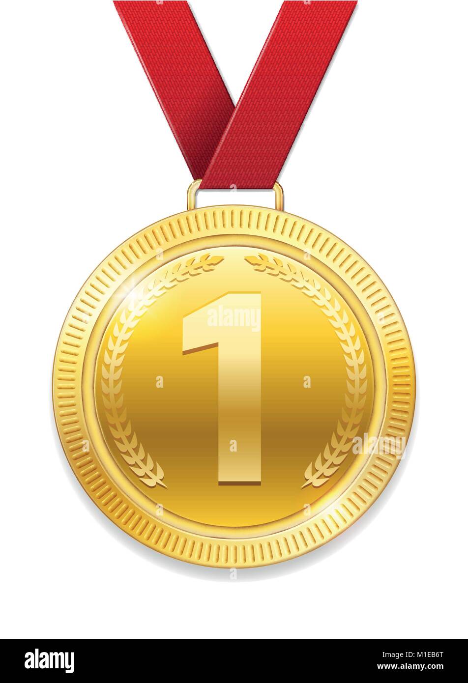 Champion Award Gold Medaille für Sport Preis. Glänzende Medaille mit roter Schleife auf weißem Hintergrund. Vector Illustration Stock Vektor