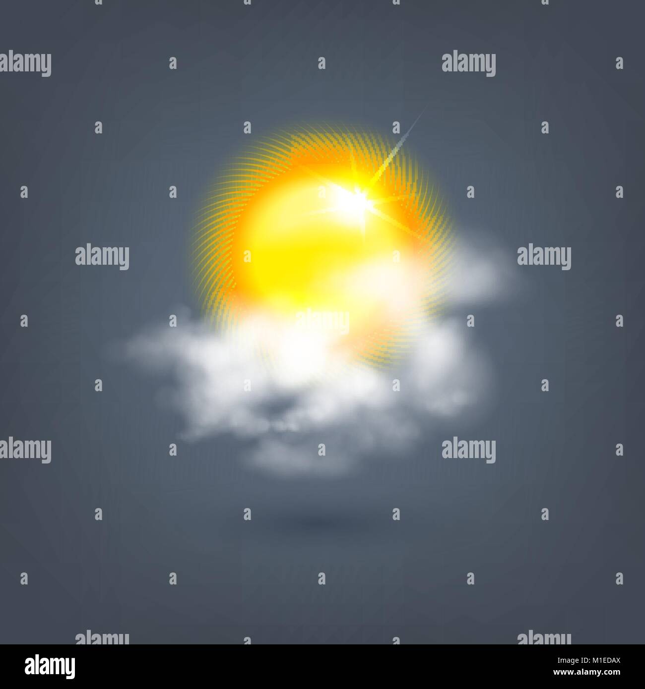 Wetter Symbol Sonne in den Wolken auf einem dunklen Hintergrund Stock Vektor