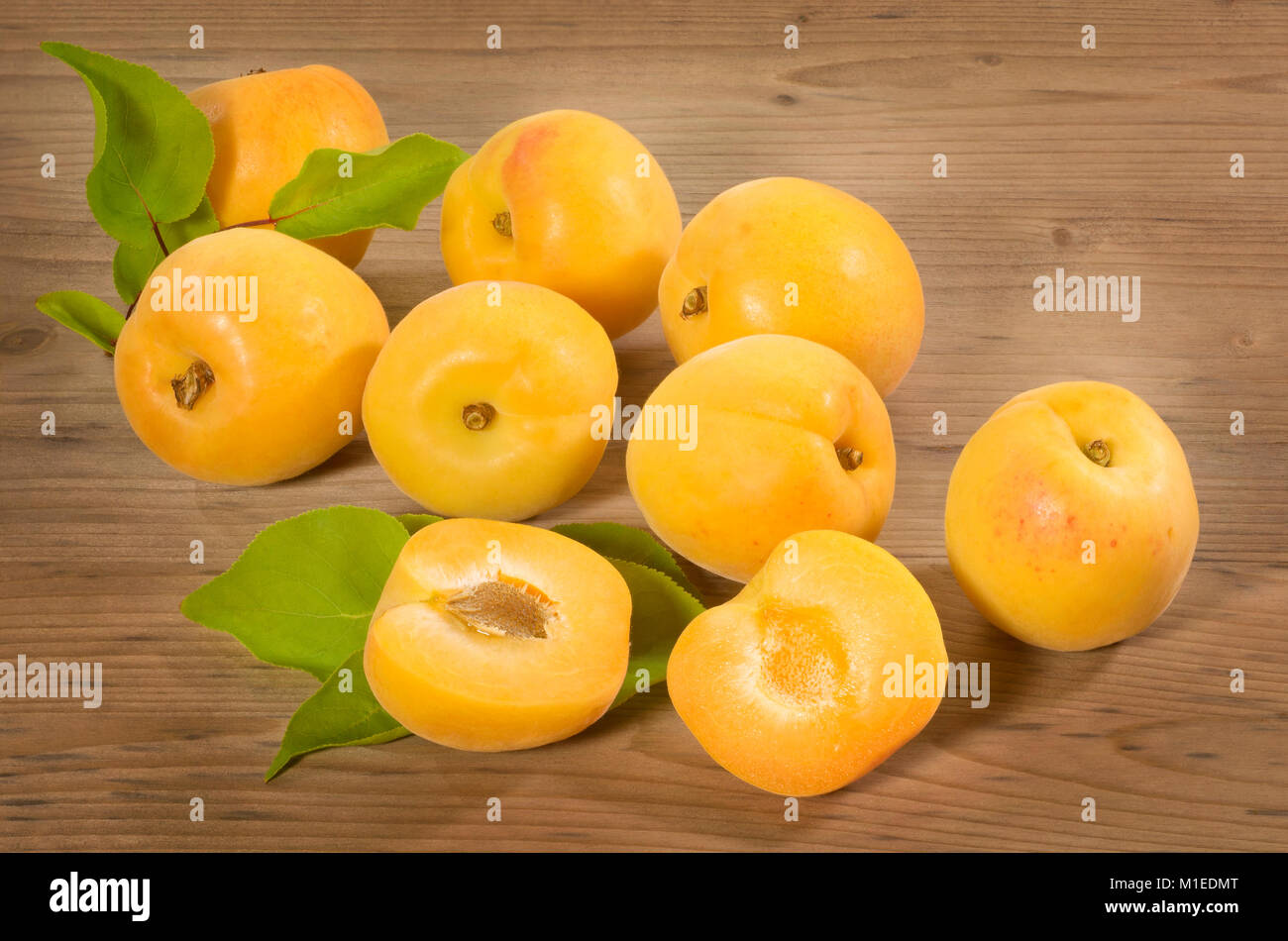 Aprikosen mit Blättern Stockfoto
