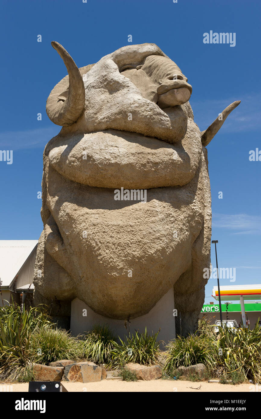 Statue des Großen Murino Schafe, große Ram am Eingang der Geschenkeladen, Goulburn, New South Wales, Australien. Stockfoto