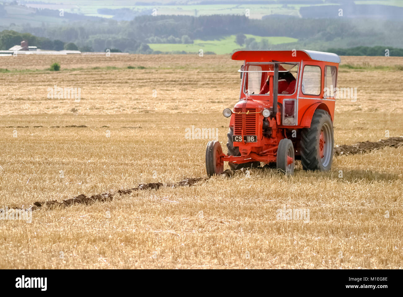 Vintage red bei Traktor mit Kabine an einem Pflügen Wettbewerb wiederhergestellt Stockfoto