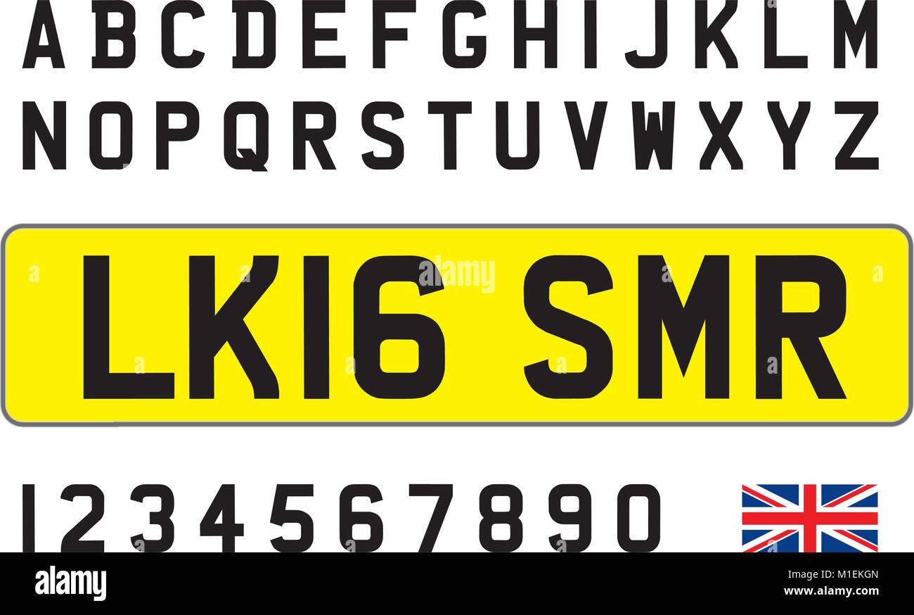 United Kingdom auto Platte, Buchstaben, Zahlen und Symbole Stock Vektor