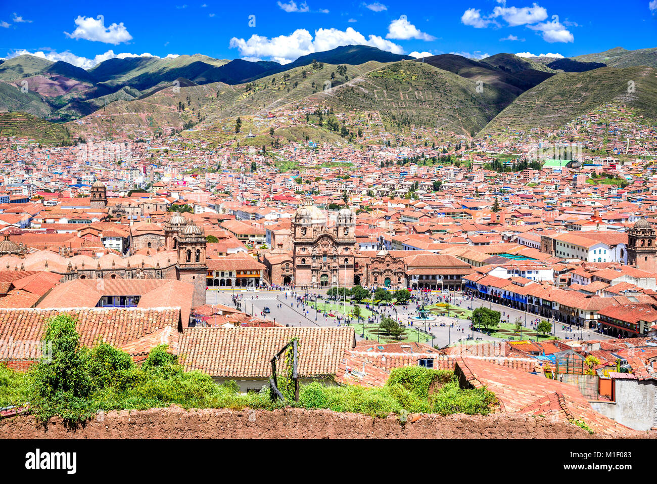 Cusco, Peru - Plaza de Armas, dem mittelalterlichen Zentrum von Cusco City (ehemalige Hauptstadt des Inka-reiches). Anden, Südamerika. Stockfoto