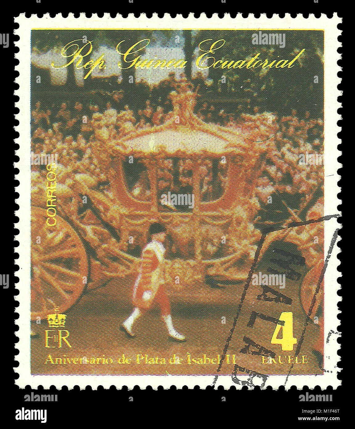 Äquatorialguinea - Stempel 1977: Colour Edition am 25 Krönung Jubiläum zeigt, Königin Elizabeth II. an einem öffentlichen Anlass Stockfoto