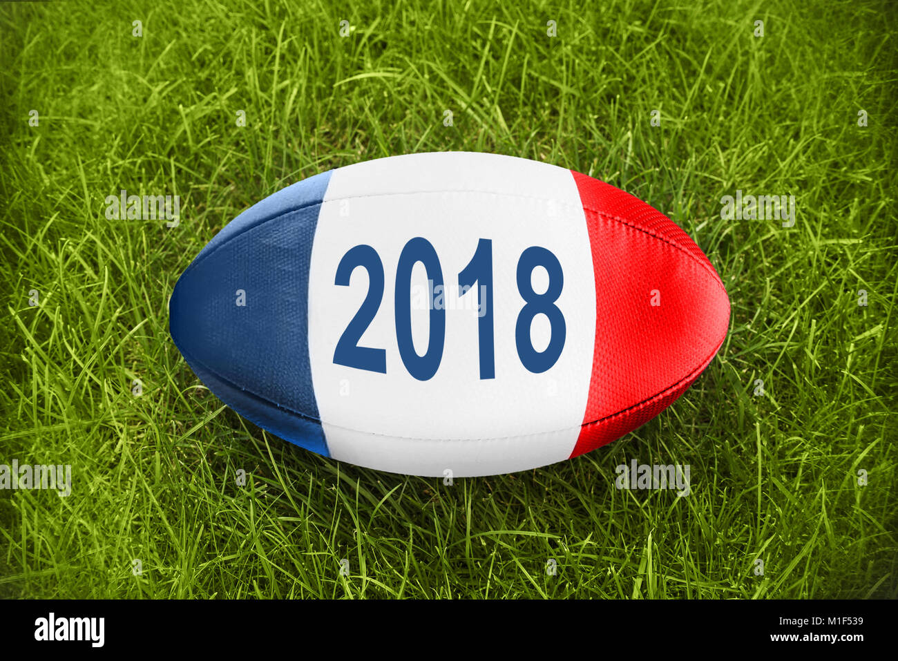 2018 auf einem Rugby Ball im Gras geschrieben, Blau Weiß Rot french flag Farben Stockfoto