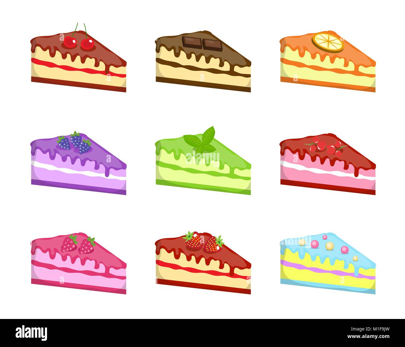 Stück Kuchen Symbole, Cartoon Stil. Kuchen in verschiedenen Geschmacksrichtungen Sammlung Design Element. Käsekuchen Süßigkeiten Kit. Auf weissem Hintergrund. Vector Illustration, Clip-art. Stock Vektor