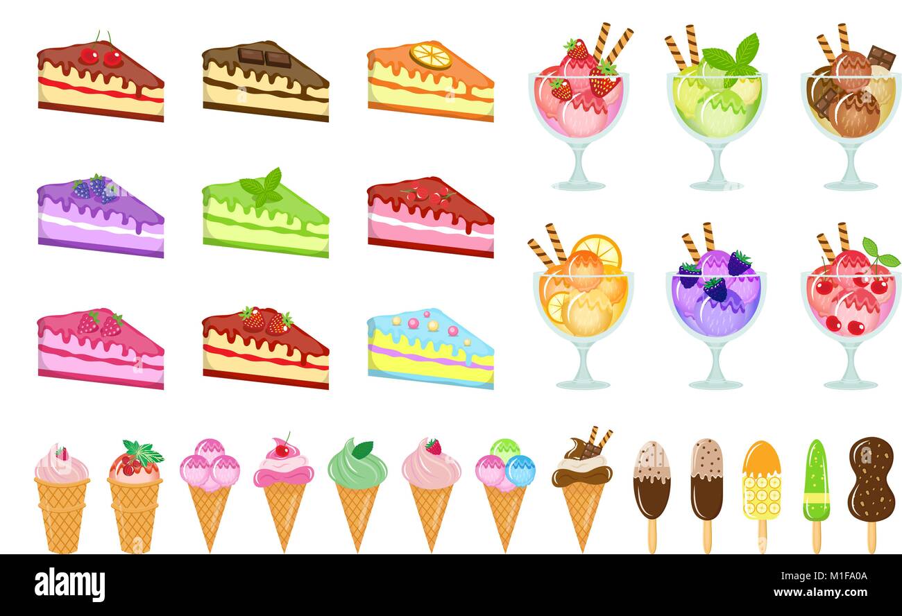 Spezialitäten große Symbole, Kuchen und Eis, Käsekuchen, Dessert im Glas Schale, Cartoon Stil. Kuchen in verschiedenen Geschmacksrichtungen Sammlung Design Element. Auf weissem Hintergrund. Vector Illustration. Stock Vektor