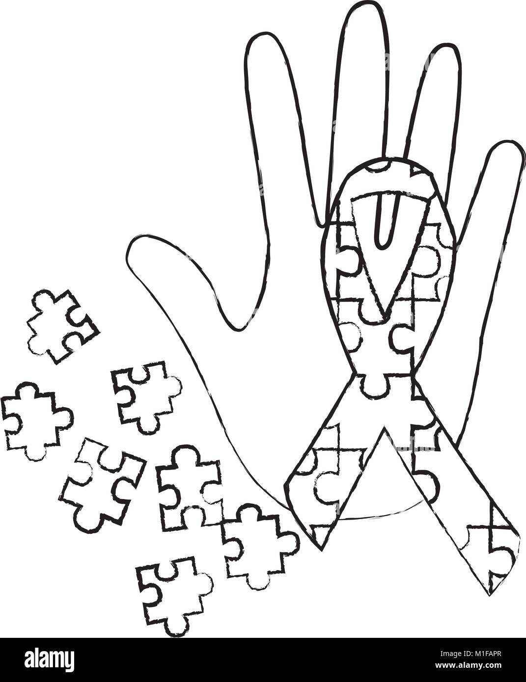 Hand Puzzleteile und Farbband Autismus Konzept Stock Vektor