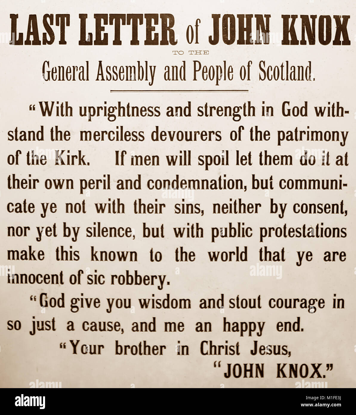 Der letzte Brief von John Knox Stockfoto