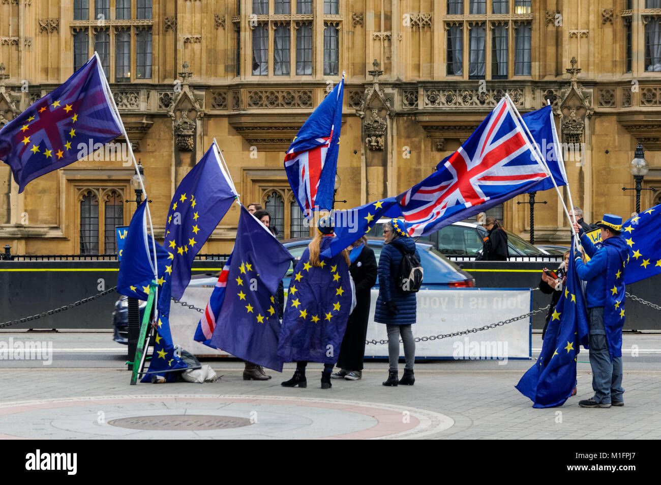 Anti-Brexit Demonstranten zeigen außerhalb der Häuser des Parlaments in London, England, Vereinigtes Königreich, Großbritannien Stockfoto