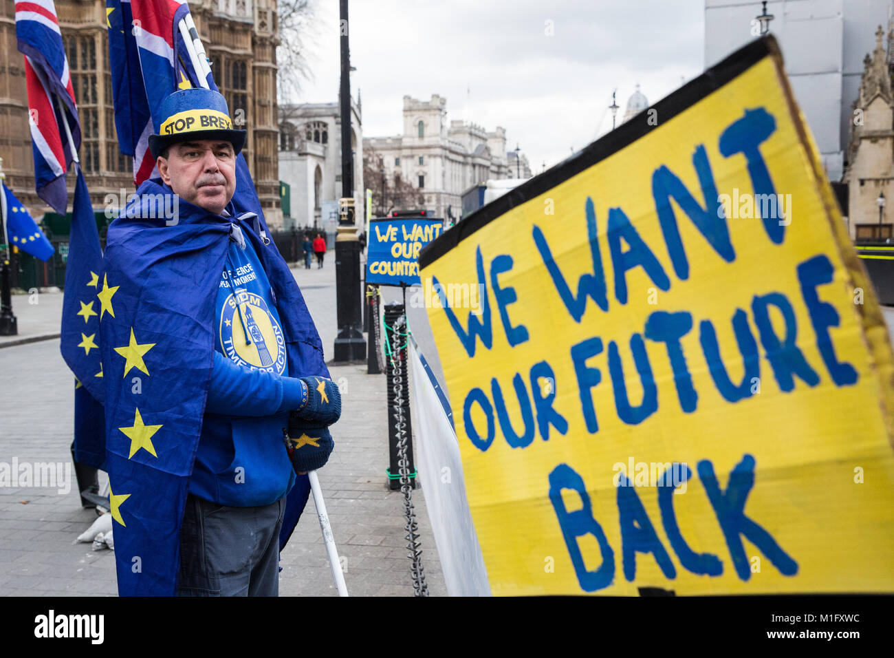 London, Großbritannien. 30 Jan, 2018. Ein anti-Brexit demonstrant von sodem (Stand der Missachtung der Europäischen Bewegung) steht die Europäische Union Flaggen und Union Jacks außerhalb des Parlaments. Credit: Mark Kerrison/Alamy leben Nachrichten Stockfoto