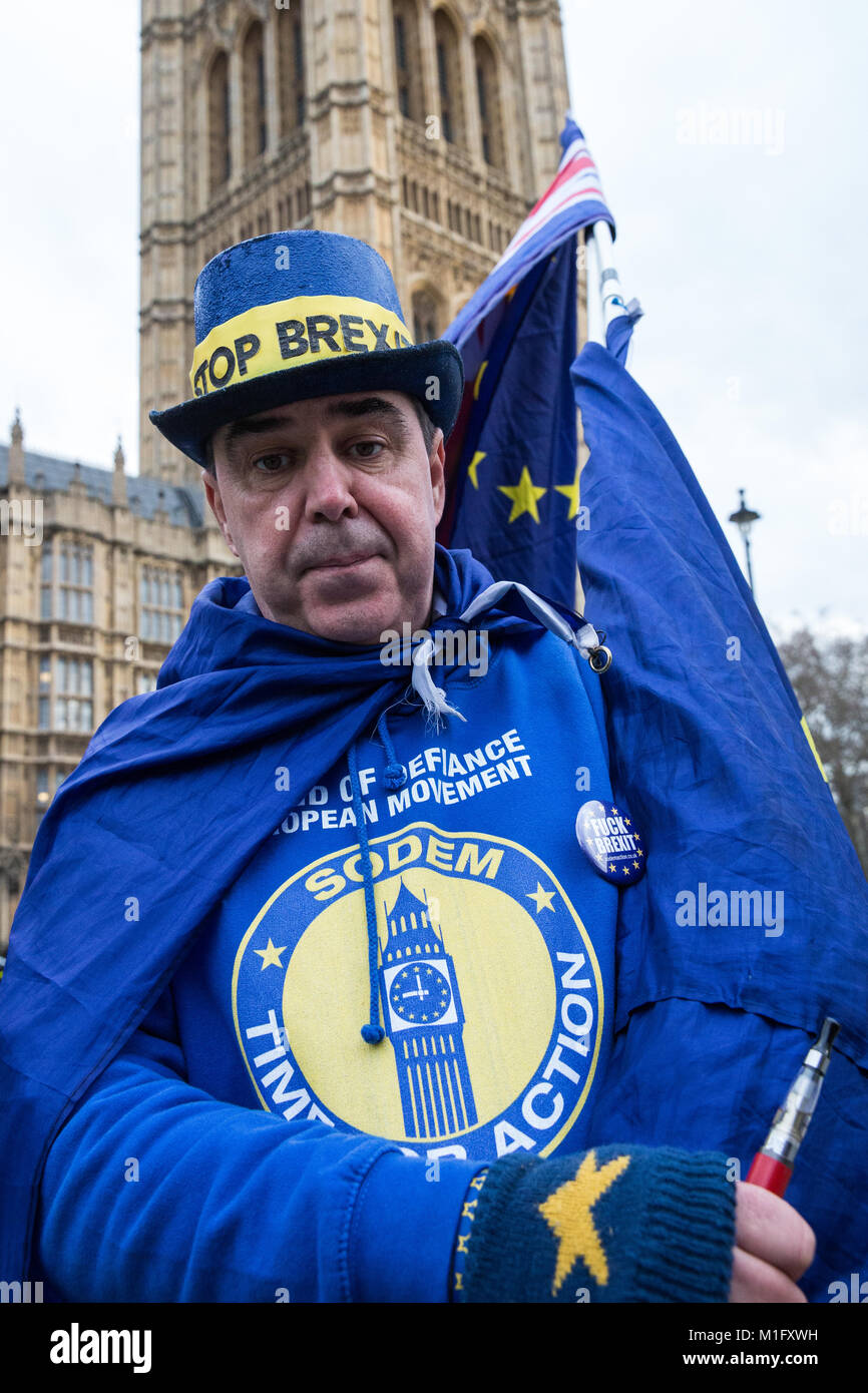 London, Großbritannien. 30 Jan, 2018. Steven Bray von sodem (Stand der Missachtung der Europäischen Bewegung) steht die Europäische Union Flaggen und Union Jacks außerhalb des Parlaments. Credit: Mark Kerrison/Alamy leben Nachrichten Stockfoto