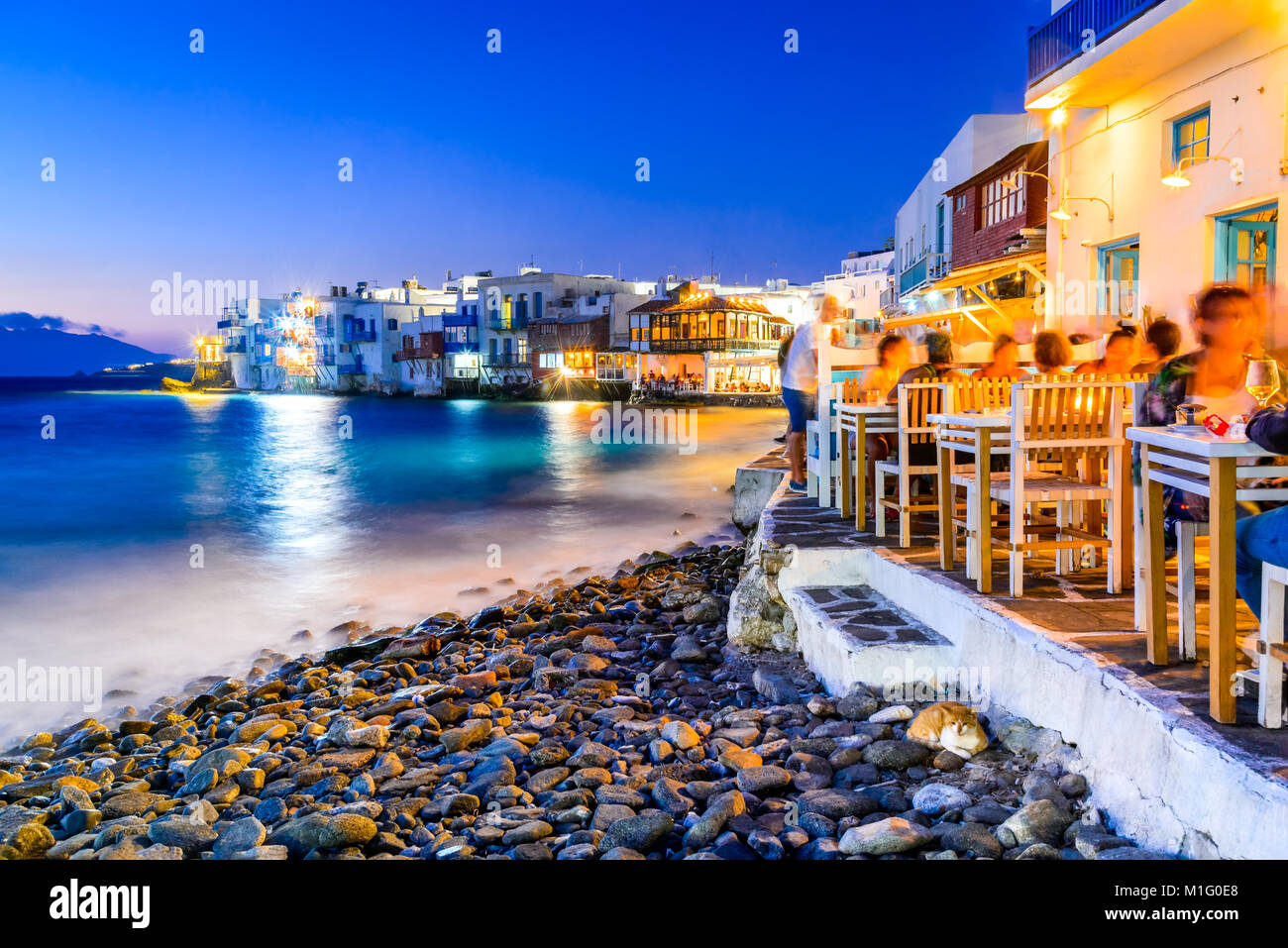 Mykonos, Griechenland. Little Venice waterfront Häuser, der als einer der romantischsten Orte auf den Kykladen. Stockfoto