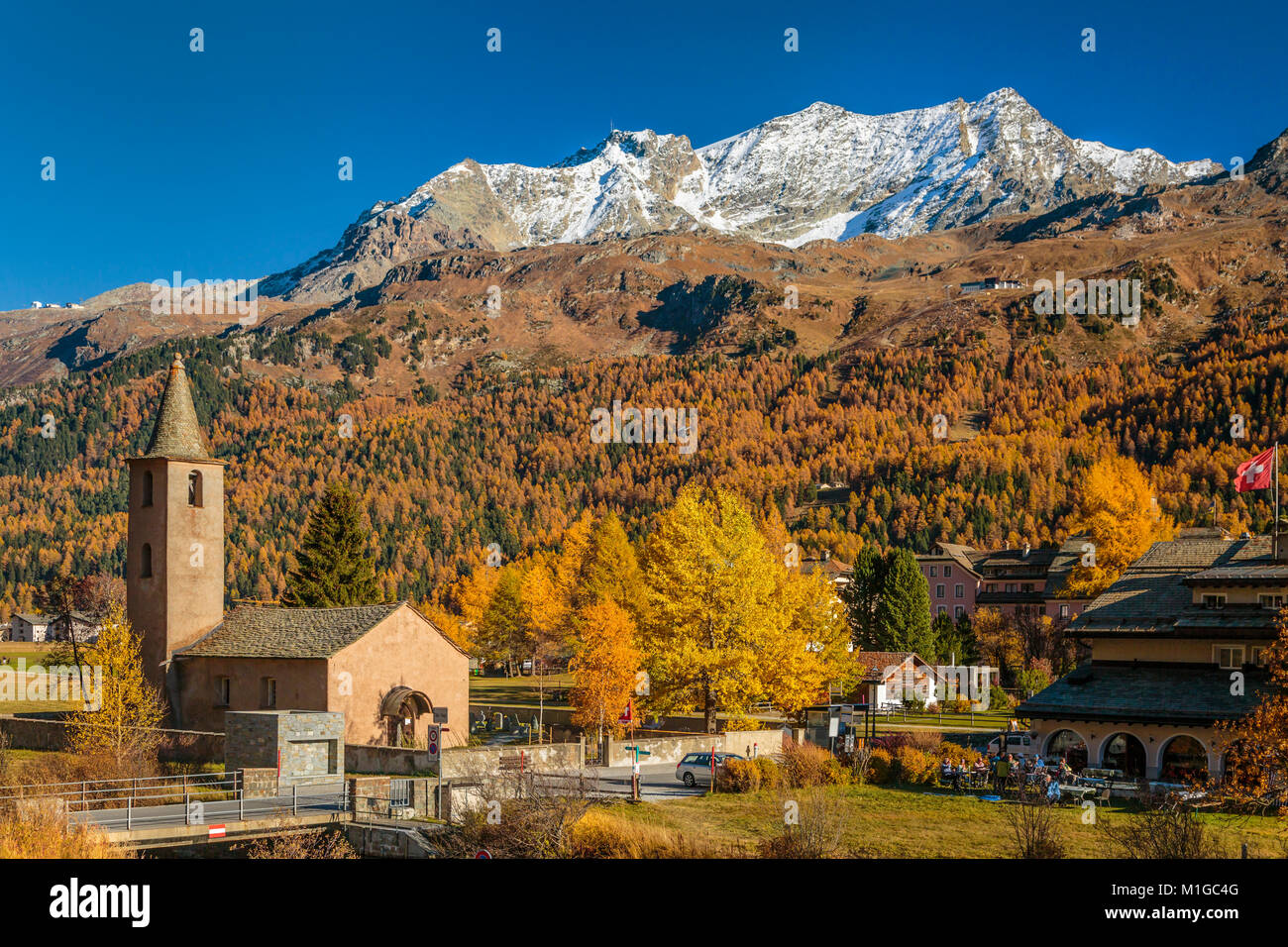 Laurentius Kirche in Sils Segla Kanton Graubünden, Engadin, Schweiz, Europa. Stockfoto