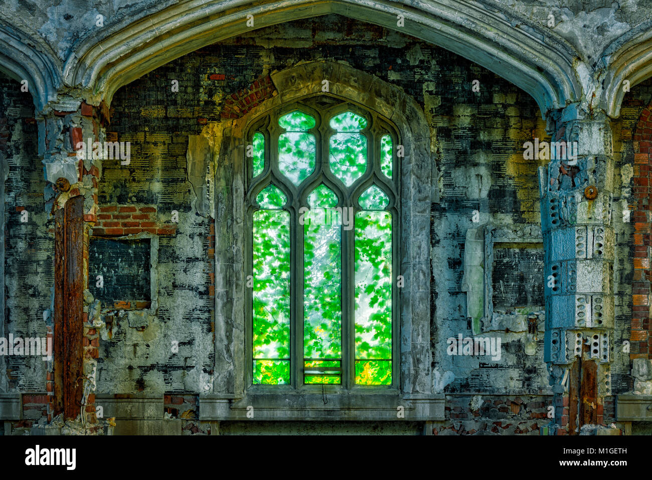Natürlicher Verfall im Vergleich zu lebendem Grün in einem Fenster der verlassenen St. Agnes Church in Detroit, Michigan, USA Stockfoto
