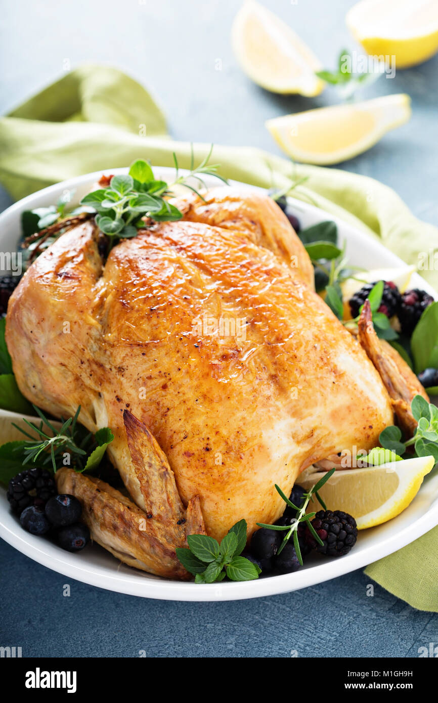 Gebratenes Huhn mit Zitrone und Kräutern für Urlaub oder Sonntag Abendessen Stockfoto